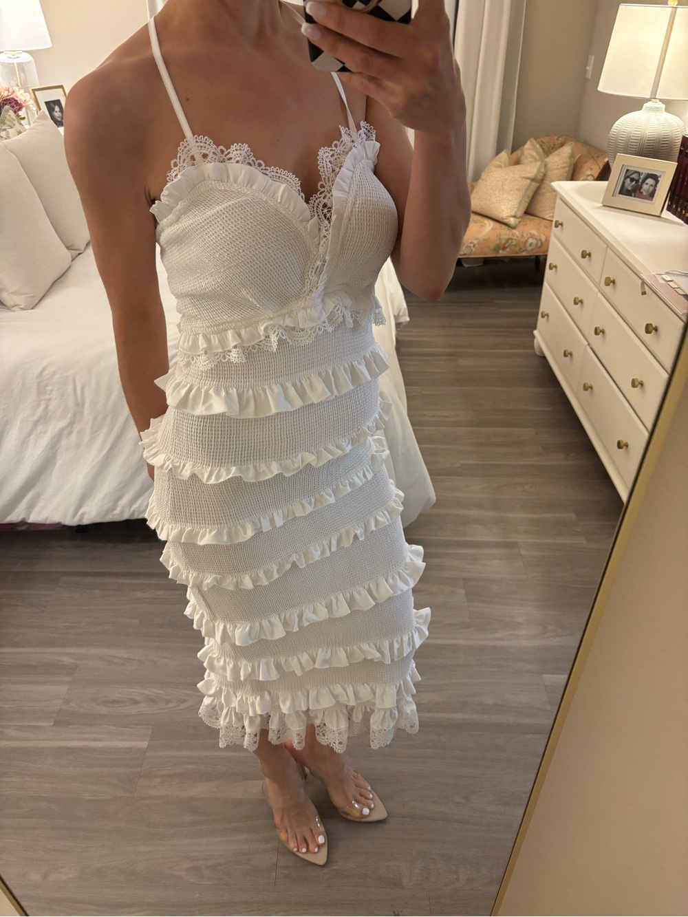 🏷️ Luxxel White Smocked Tiered Ruffle Lace Midi Dress